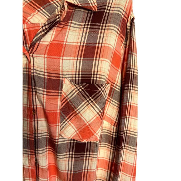 Ava & Viv Women's Plaid Button-Down Shirt Size 1X Long Sleeve Red-White-Brown - Picture 2 of 10